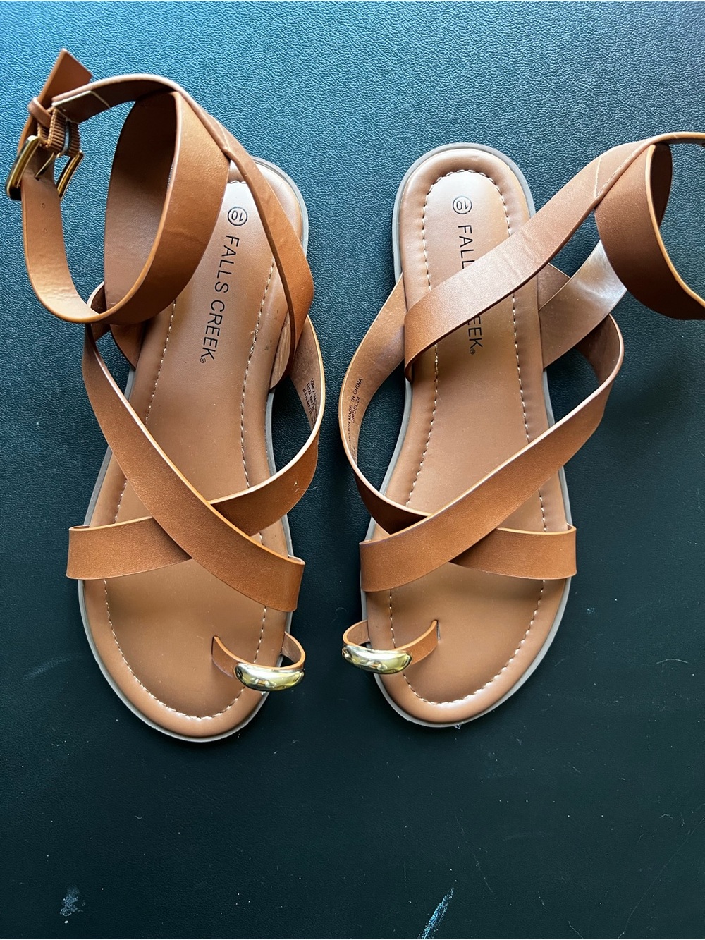Falls Creek Brown Strappy Toe-Ring Ankle Wrap Sandals